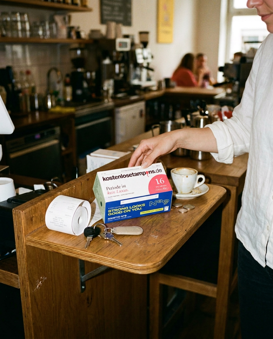 Eine Café-Mitarbeiterin stellt die kostenlose Bio-Tampon-Box bereit