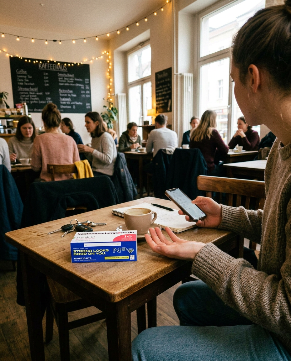 Eine Frau entdeckt die kostenlose Bio-Tampon-Box auf einem Cafétisch